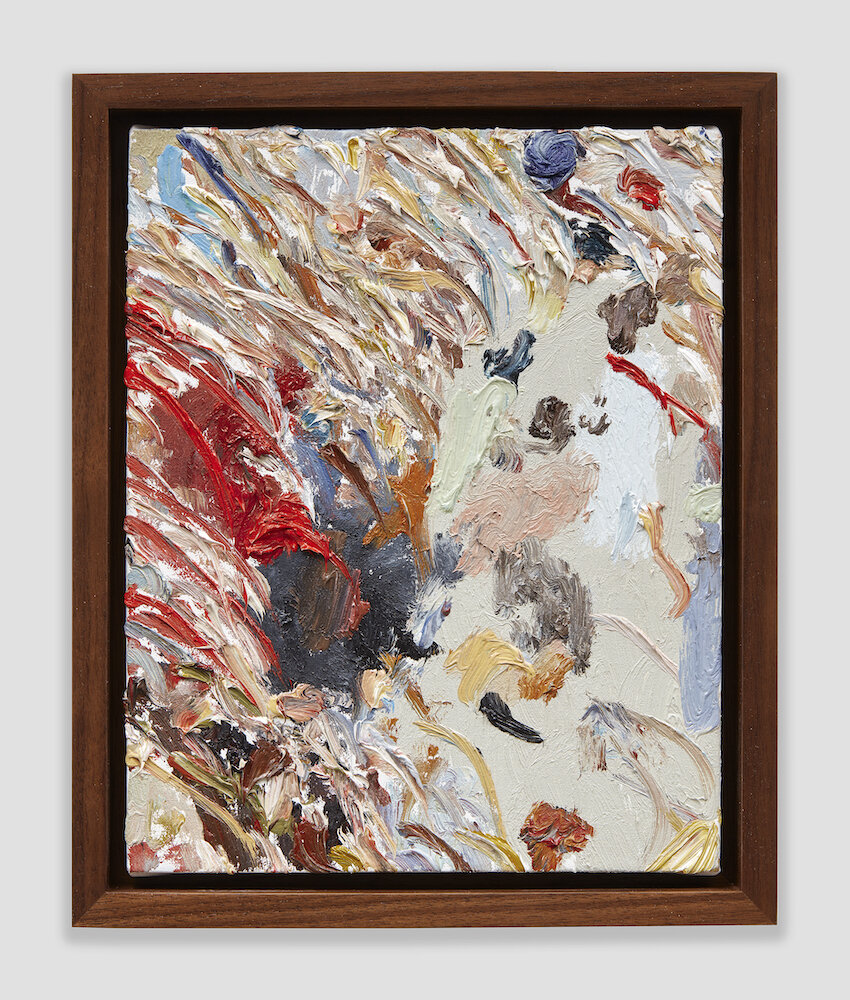 Lorenzo Amos, <i>Wall Slice 1 (the beginning)</i>, 2024. Oil on linen, 8 x 10 x 2 in (20.3 x 25.4 x 5 cm)